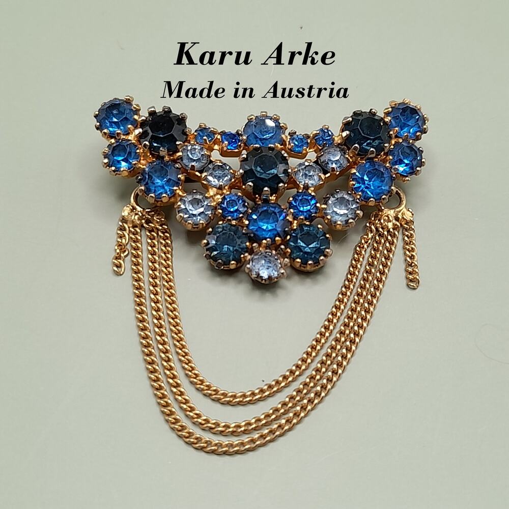 Vintage Karu Arke Austria Blue Rhinestone Chain Dangle Brooch